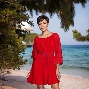 Women’s Dress Perfectly Priscilla Red Off the Shoulder Crochet Sleeve Mini Dress